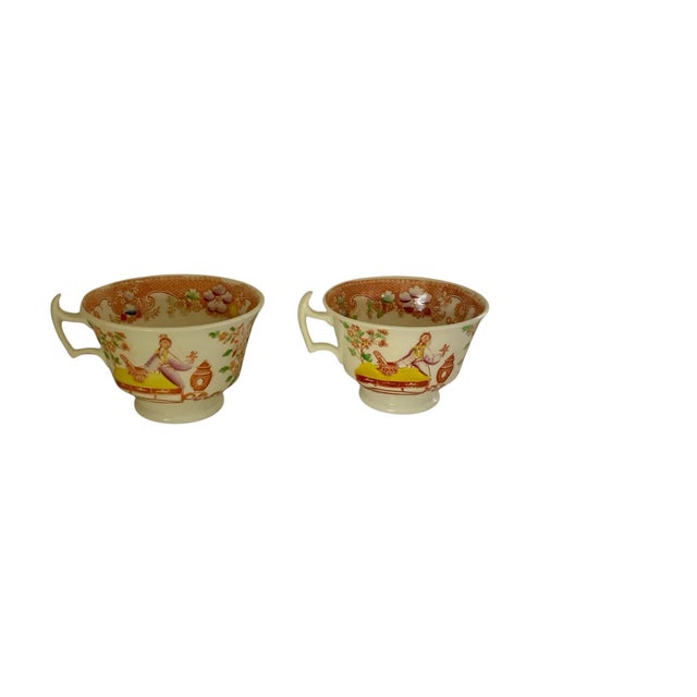 Antique Hilditch &amp; Son Chinoiserie Porcelain Teacups Pair Made in Staffordshire England 1825. Each Approx. 2 3/4” High...
