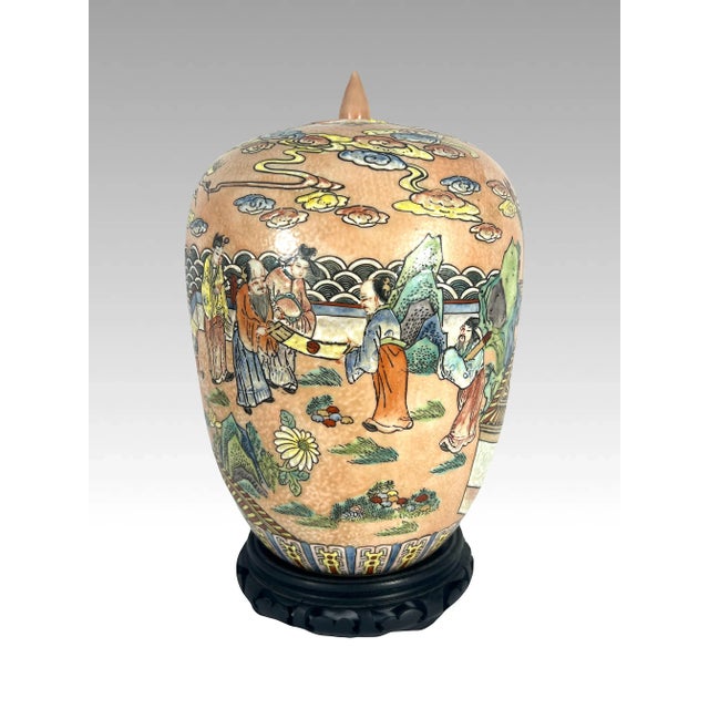 Ceramic Antique Chinese Peach Orange Pavillion Ginger Jar With Celebration Parade and Red Crowned Cranes For Sale - Image 7 of 12
