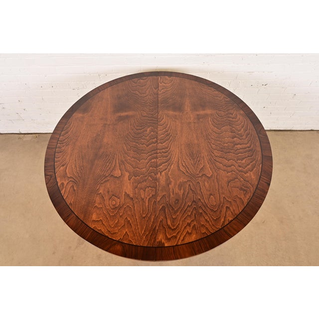 Baker Furniture Style Georgian Banded Mahogany and Burl Wood Pedestal Extension Dining Table, Newly Refinished For Sale - Image 10 of 14