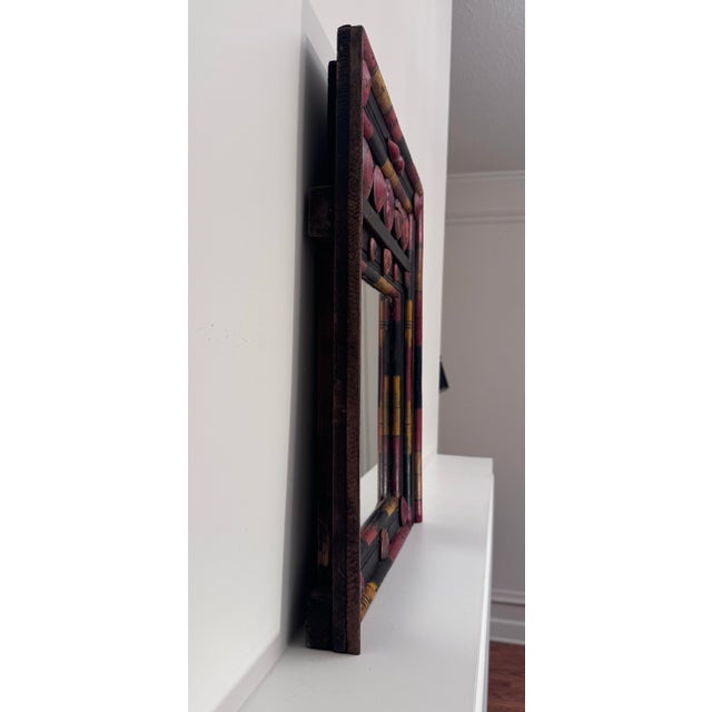 Black Vintage Tribal Folk Art Painted Wood Wall Mirror in Black, Red & Yellow For Sale - Image 8 of 13