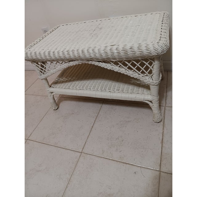 1980s Vintage Shabby Chic White Wicker Coffee Table For Sale - Image 5 of 7