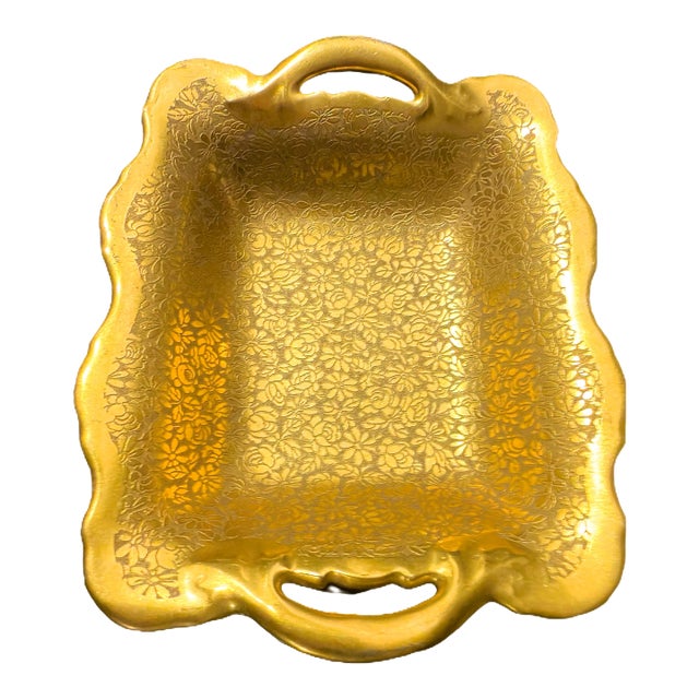 Vintage Pickard Etched Gold Rose Chintz Handled Tray - Hollywood Regency For Sale