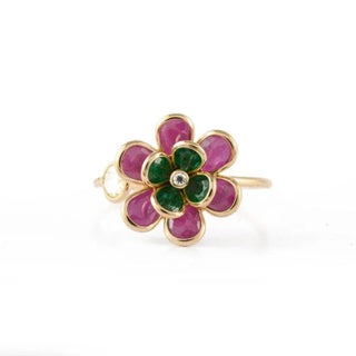 2.52ct Ruby Emerald Art Deco Flower Ring Size 7 in 18k Yellow Gold For Sale