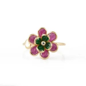 2.52ct Ruby Emerald Art Deco Flower Ring Size 7 in 18k Yellow Gold