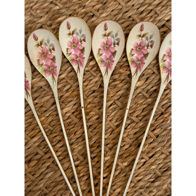 Charming vintage set of six floral demitasse or espresso spoons, each decorated with delicate pink blossoms and foliage...