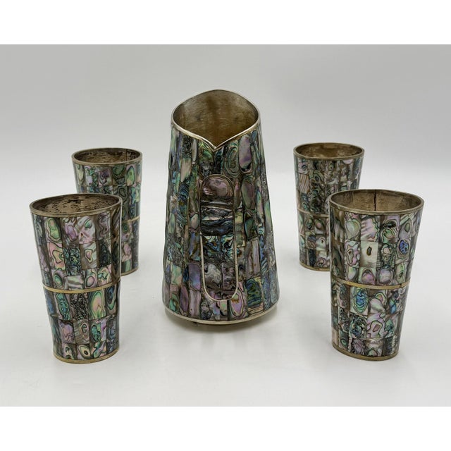 Mexican 1960s Mexican Abalone Inlay Alpaca Silver Pitcher & 4 Tumblers Barware Set For Sale - Image 3 of 18