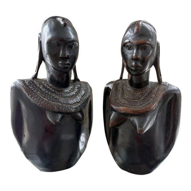 Pair of Vintage African Hand-Carved Wood Bust Sculptures, Tribal Modern Style, 16 Inches For Sale