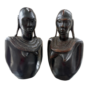 Pair of Vintage African Hand-Carved Wood Bust Sculptures, Tribal Modern Style, 16 Inches