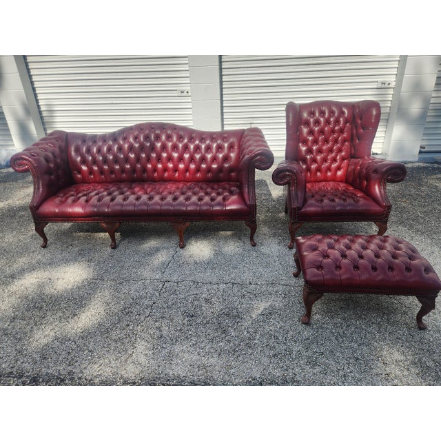 Vintage Carolina Leather House Oxblood Tufted Chesterfield Sofa, Wingback Chair & Ottoman - 3 Piece Set For Sale - Image 12 of 18