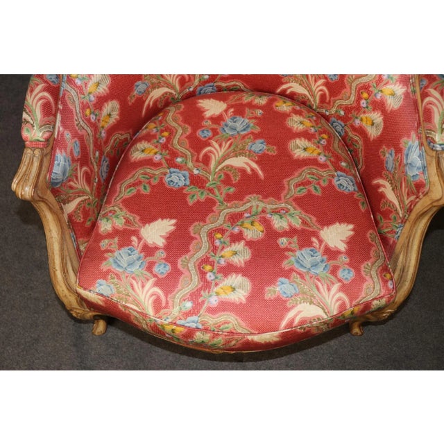 Gorgeous Pair of Paint Decorated Upholstered French Large Bergere Chairs For Sale - Image 12 of 13