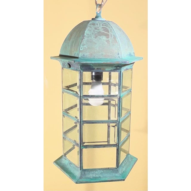 Vintage Solid Brass Hexagonal Hanging Lantern – Verdigris Patina 20”h X 11”w For Sale - Image 4 of 18