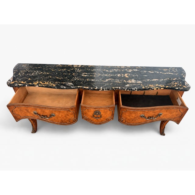 Black 1970s Monumental Mastercraft Burl Wood & Black Marble Console Table, 80” For Sale - Image 8 of 16