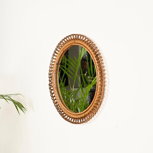 Brown Vintage Round Spring Mirror in Bamboo with Rattan and Wicker by Franco Albini, Italy, 1960s For Sale - Image 8 of 13