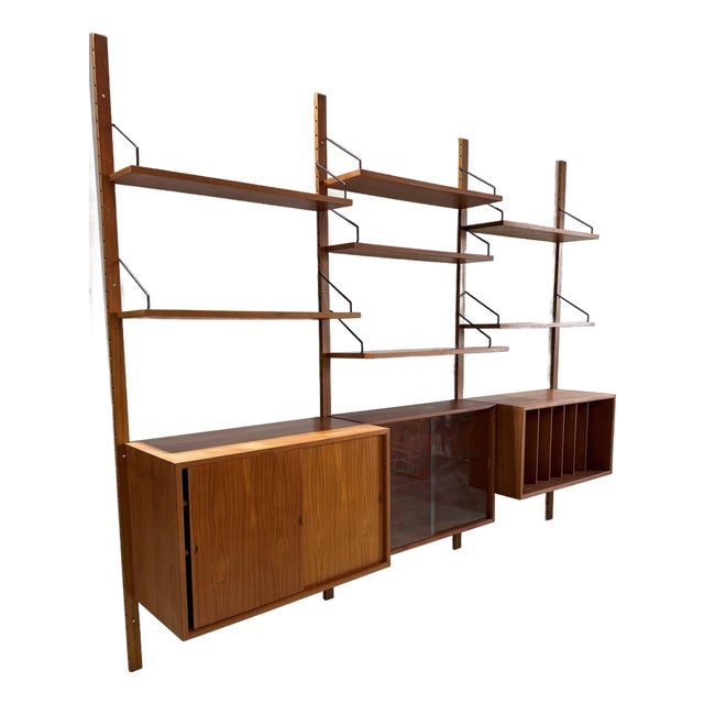 Teak Three-Bay Modular Wall Unit With Sliding Door Cabinets Danish Mid-Century Modern 1960s For Sale