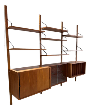 Teak Three-Bay Modular Wall Unit With Sliding Door Cabinets Danish Mid-Century Modern 1960s