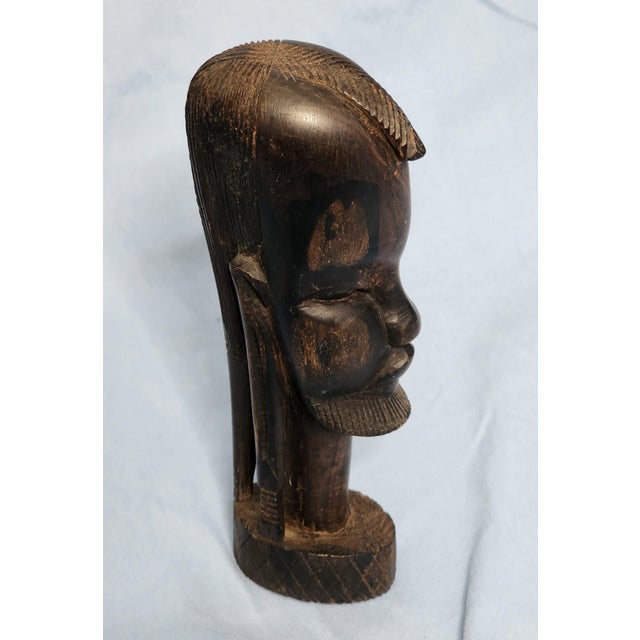 African Solid Ebony Hand Carved African Male Bust ~ Tribal Vintage Figurine ~ Primitive Statue For Sale - Image 3 of 7