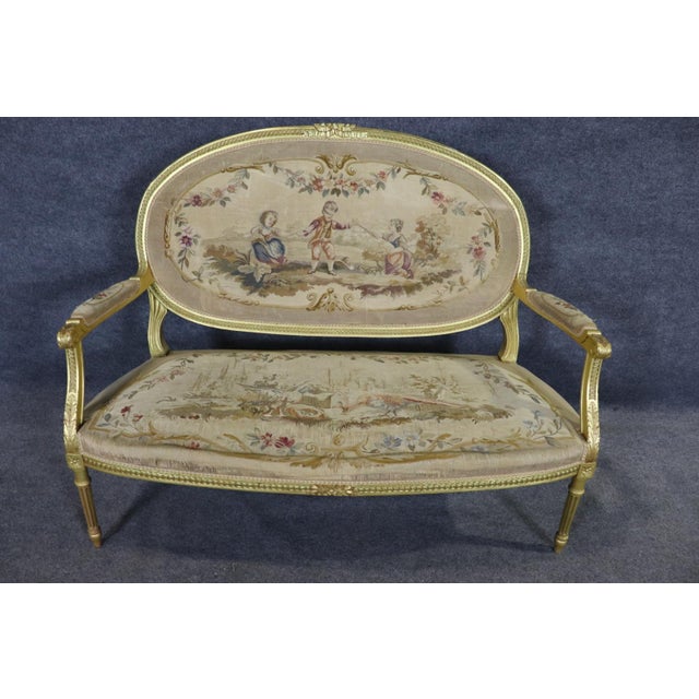 French Louis XVI Giltwood Five Piece Salon Parlor Set With Aubusson C. 1890s For Sale - Image 15 of 17