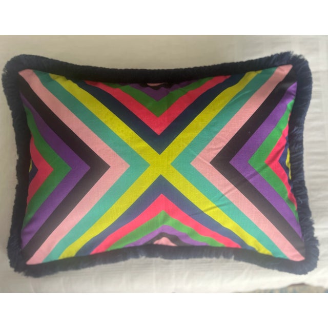 Contemporary Colorful Caribbean Multi Stripe Pillow Cover With Navy Brush Fringe For Sale - Image 3 of 5