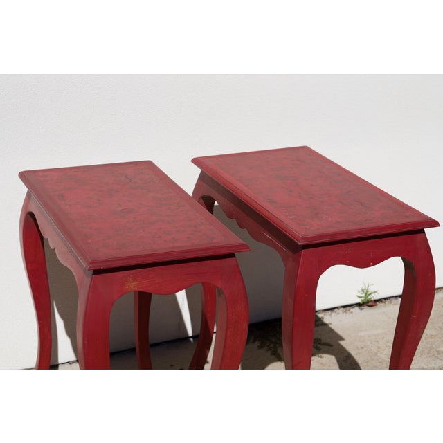 Pair of Handcrafted Louis XV-Style End Tables in Mahogany With Elm Burl Tops For Sale - Image 4 of 16