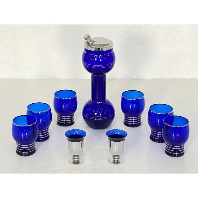 Mid 20th Century Mid 20th Century Art Deco Era Cobalt Blue Glass Barbell Martini Cocktail Shaker Set From France For Sale - Image 5 of 11