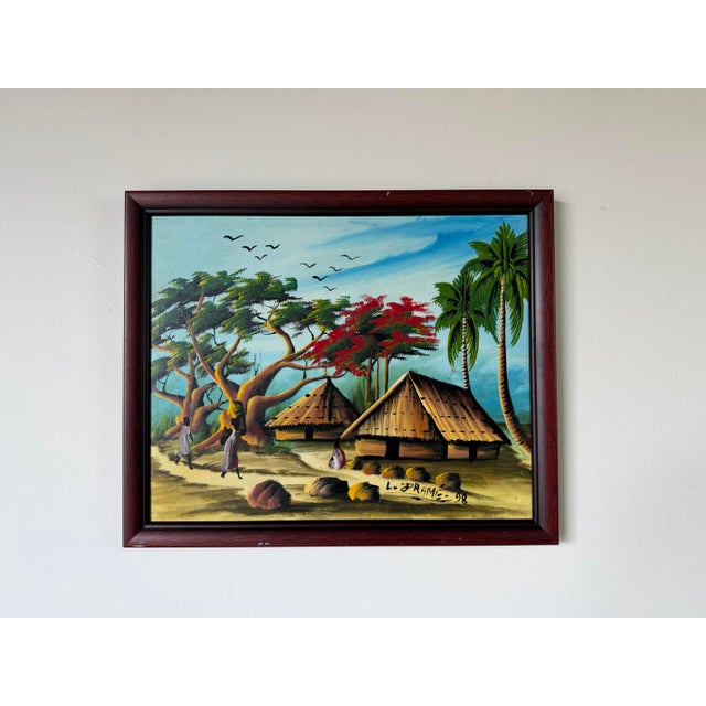 Mid-Century Modern Vintage Haitian Landscape Oil Painting – Signed L.. Framé For Sale - Image 3 of 12