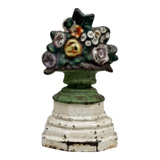 Antique Petite Floral Basket Cast Iron Doorstop For Sale