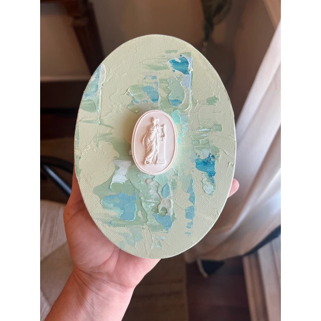 Light Green Roman Intaglio Mounted on Abstract Painted Canvas Oval Block, 5x7 Artwork For Sale - Image 8 of 12