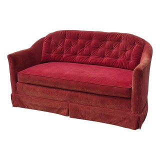 1970s Petite Red Tufted Velvet Love Seat Settee For Sale