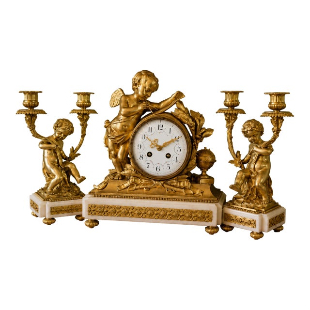 19thC French Louis XVI Gold Ormolu Clock Set - 3 Pc For Sale