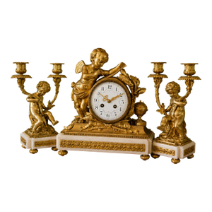 19thC French Louis XVI Gold Ormolu Clock Set - 3 Pc