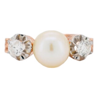 Antique Trilogy Gold Pearl Diamond Ring, Size 7.75 For Sale