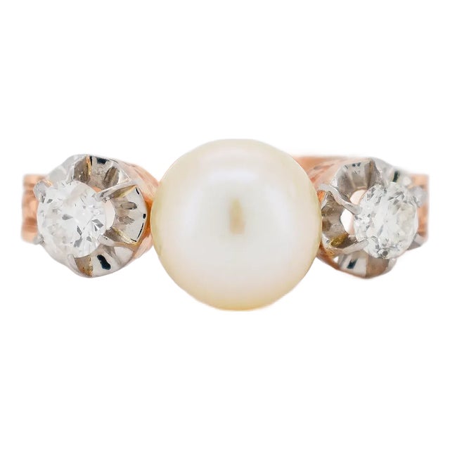 Antique Trilogy Gold Pearl Diamond Ring, Size 7.75 For Sale