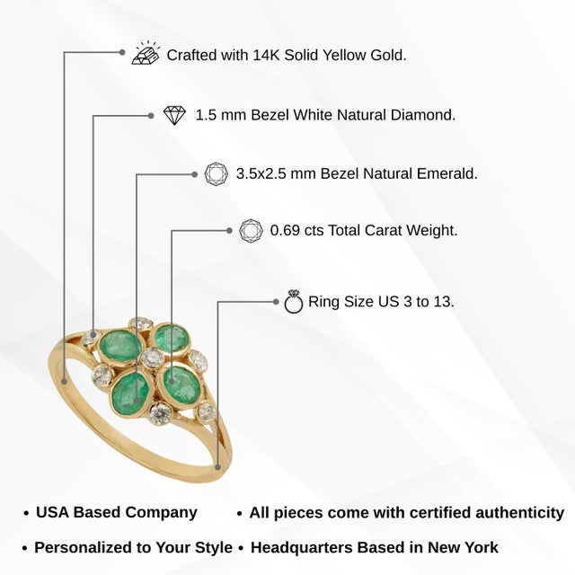 14k Yellow Gold Zambian Emerald & Diamond Floral Vintage Ring Size 6.5 For Sale - Image 12 of 16