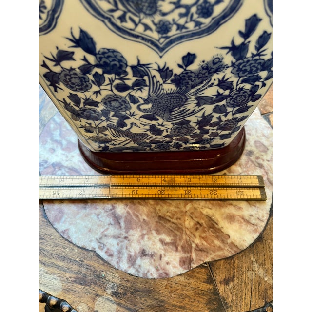 Chinoiserie Vintage 10.5" Chinoiserie Blue & White Phoenix Moon Flask With Stand For Sale - Image 3 of 8