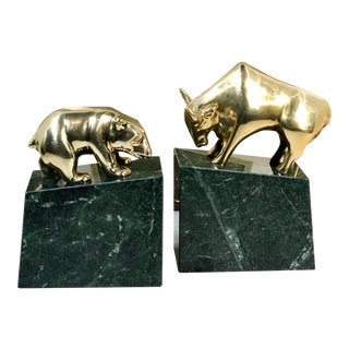 Late 20th Century Marble and Bear/Bull Stockmarket Solid Brass Bookends - a Pair For Sale