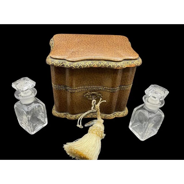 Antique Traveling Perfume Bottle in Leather Bound Ornate Case and Blue Velvet, 1800s For Sale - Image 3 of 12