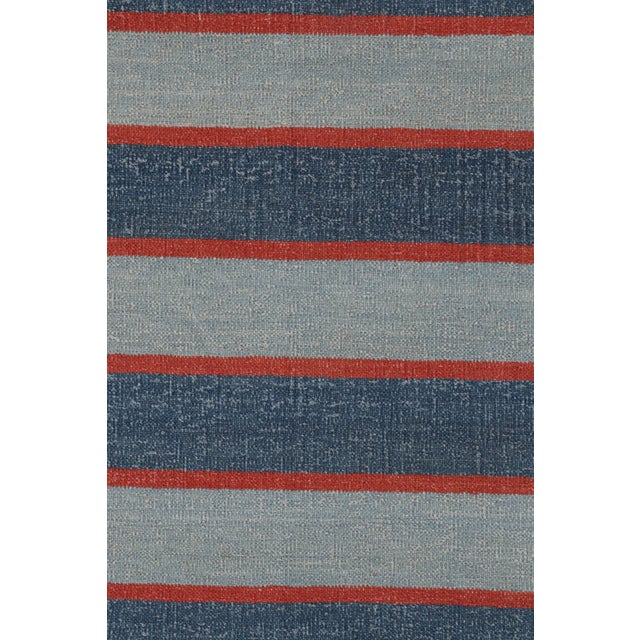 Contemporary Rug & Kilim’s Contemporary Dhurrie Rug With Blue Stripes and Red Accents For Sale - Image 3 of 7