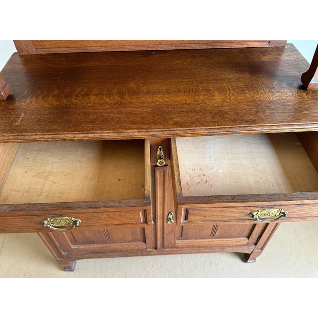 1920 Early American Buffet Art Deco Mid-Centry Oak Glass Doors. Latched Drawers & Original Key. For Sale - Image 11 of 12