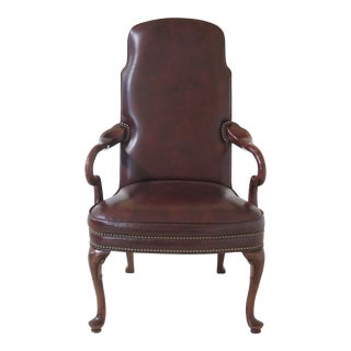 Queen Anne Leather Cherry Open Arm Chair For Sale