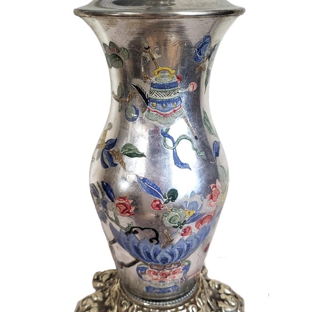 Early 20th Century Antique Asian Reverse Painted Mercury Glass Vase as Lamp For Sale - Image 5 of 13
