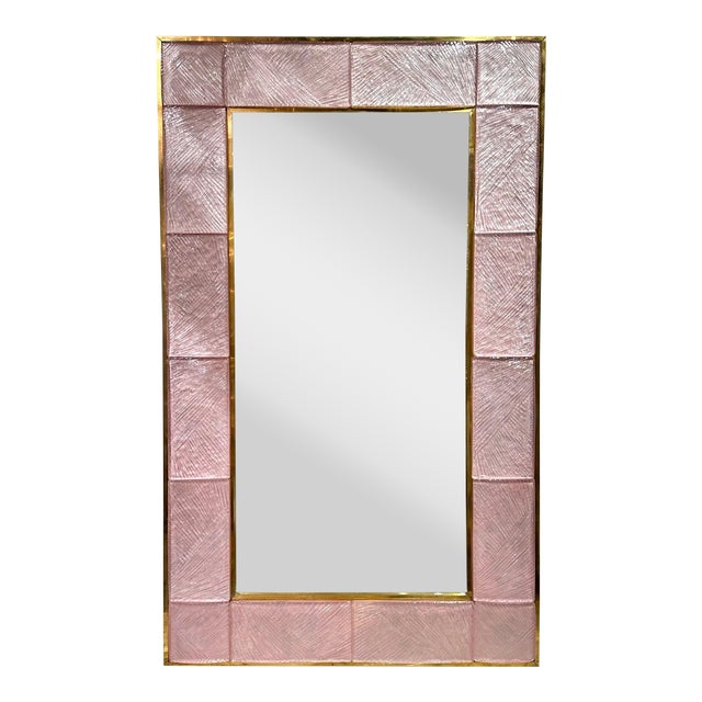 Murano Pink Glass and Brass Mirror For Sale