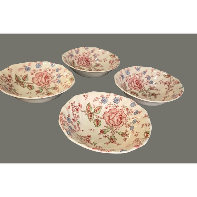 English Vintage 4 Pink Rose Chintz Johnson Bros. Ironstone England Breakfast Bowls #2 For Sale - Image 3 of 8