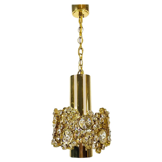 German Gilt Brass and Crystal Glass Chandelier from Palwa, 1970s For Sale