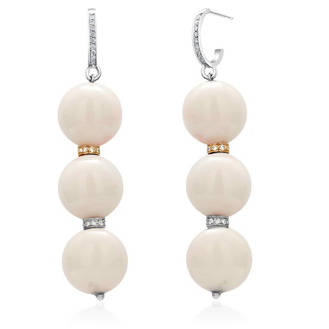 White Coral 0.50 Inch Wide Diamond Rondels 0.45 Carat Gold 2.75 Inch Earrings, Pair For Sale - Image 4 of 6