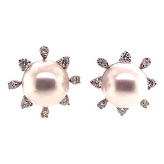 Diamond Akoya Pearl Earrings 14 Karat White Gold Certified For Sale