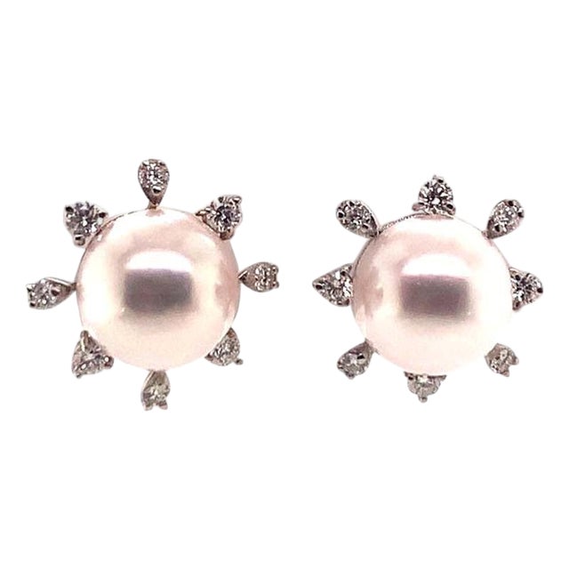 Diamond Akoya Pearl Earrings 14 Karat White Gold Certified For Sale