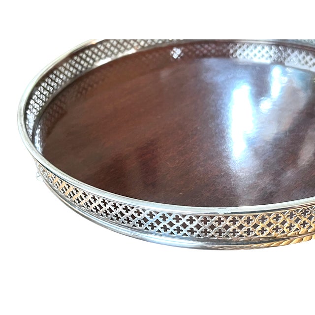 Bunny Williams Home Vintage Silverplate & Mahogany Circular Gallery Tray With Pierced Quatrefoil Edge and Three Ball Feet For Sale - Image 4 of 9