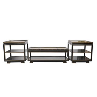 1970s Hollywood Regency Black Lacquer and Chartreuse Leather Table Set For Sale