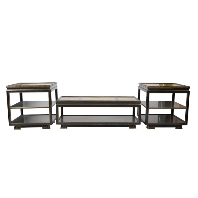 1970s Hollywood Regency Black Lacquer and Chartreuse Leather Table Set For Sale