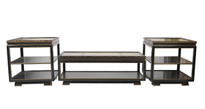 1970s Hollywood Regency Black Lacquer and Chartreuse Leather Table Set